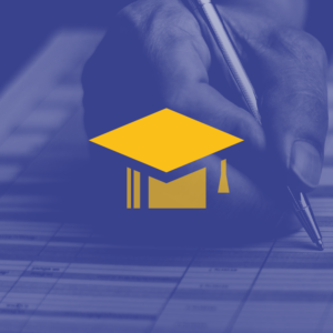 sfondo viola con icona gialla di un cappello di laurea academy