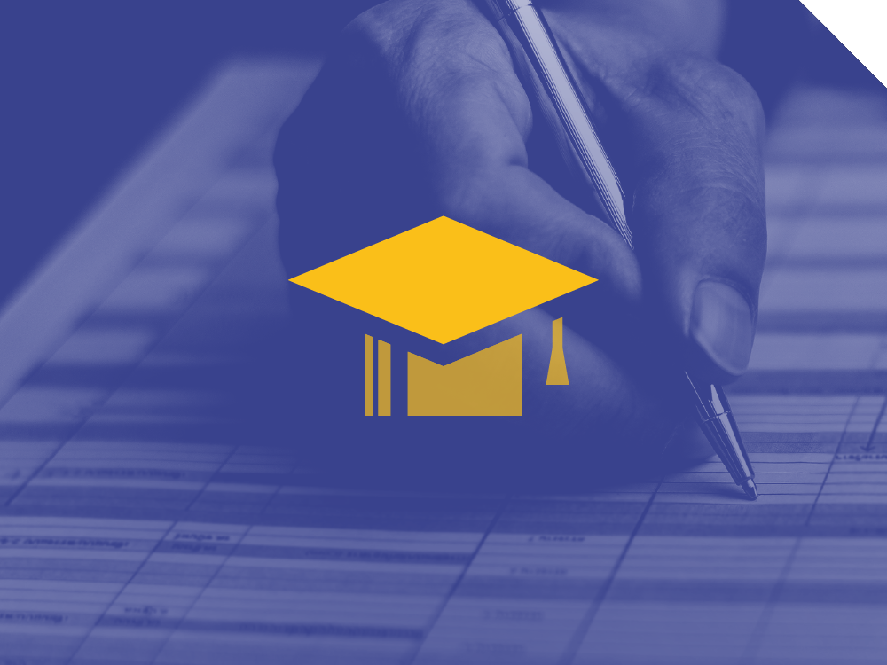 sfondo viola con icona gialla di un cappello di laurea academy