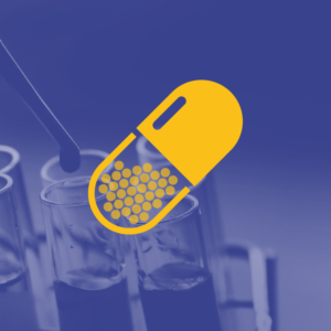 sfondo viola con fiale e icona gialla di un microfono academy