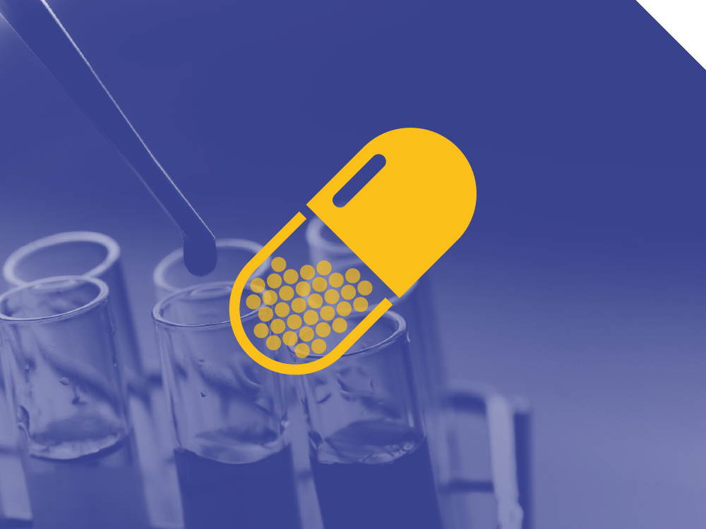 sfondo viola con fiale e icona gialla di un microfono academy